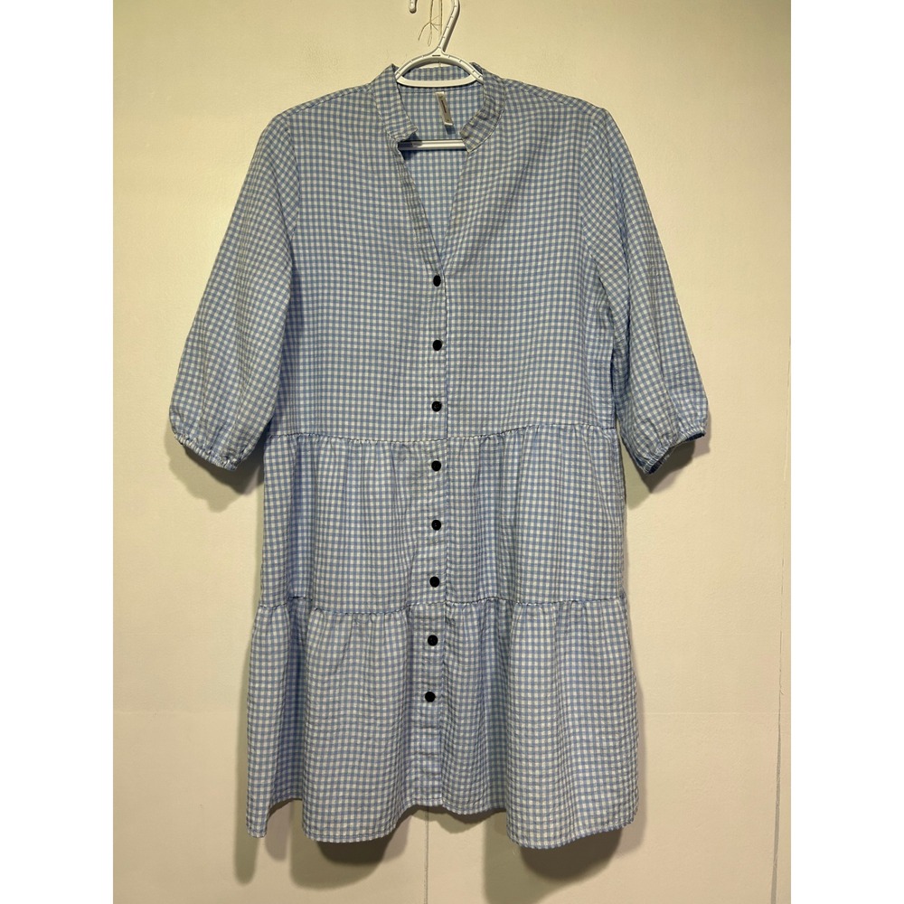 Beachsissi Dress Women Size M Blue Gingham Tiered Button Front Casual Boho